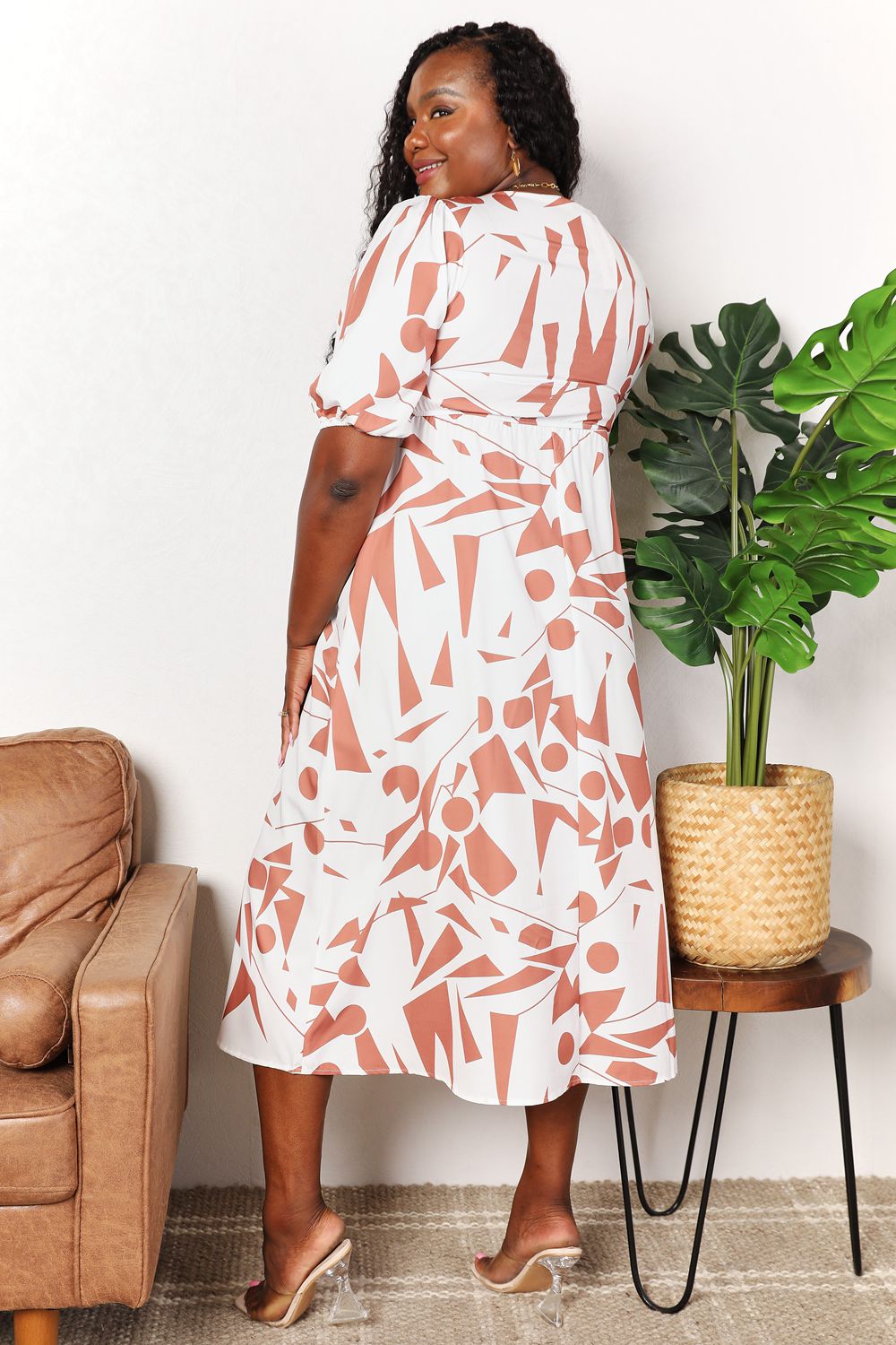 Printed Surplice Balloon Sleeve Dress2