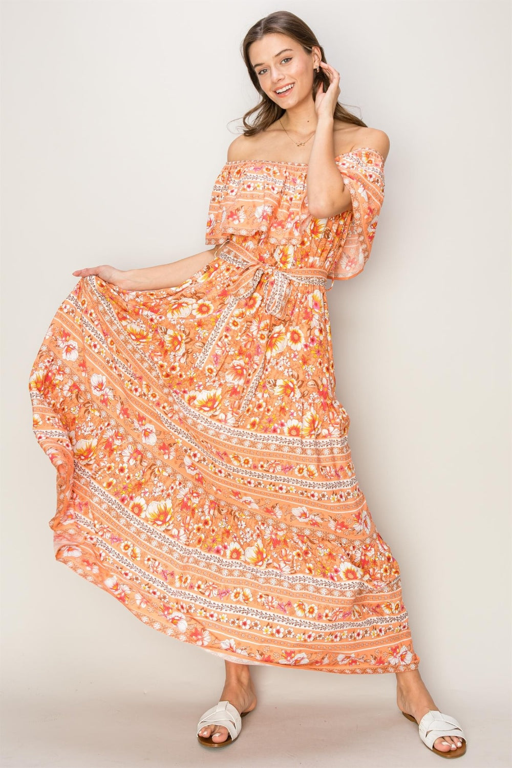 HYFVE Floral Off-Shoulder Tie Front Maxi Dress Apricot