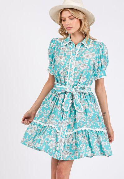 SAGE+FIG Vintage Floral Scalloped Mini Shirt Dress