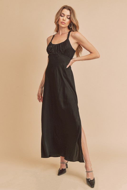 Aemi + Co Ruched Side Slit Cutout Back Maxi Cami Dress Black