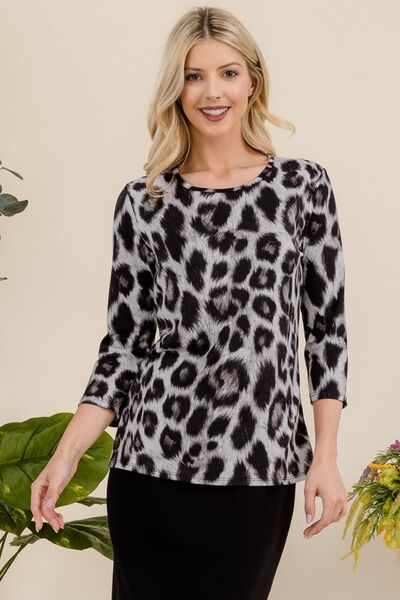 Celeste Full Size Leopard Round Neck Three-Quarter Sleeve T-Shirt Leopard