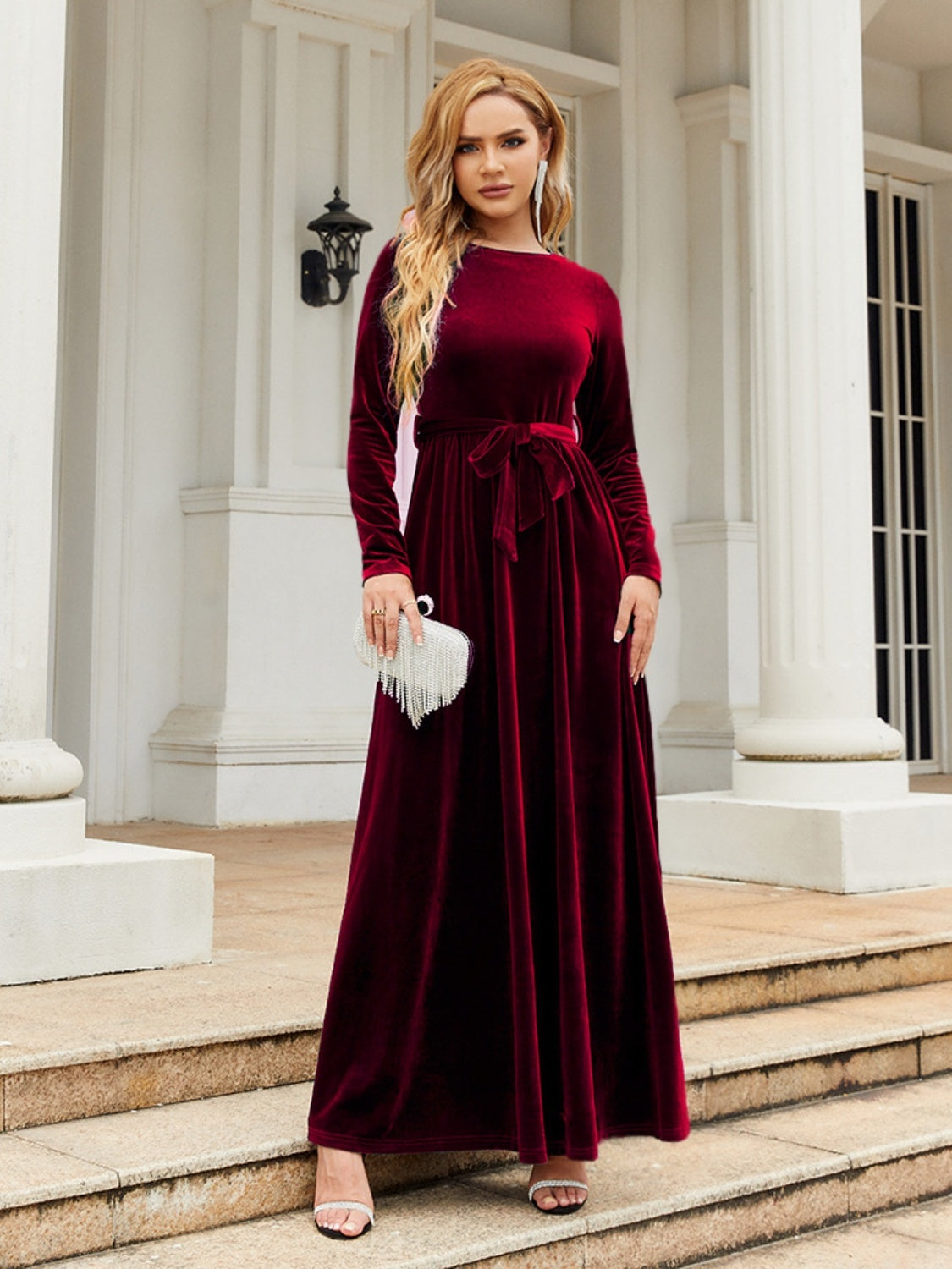 Tie Front Round Neck Long Sleeve Maxi Dress Burgundy