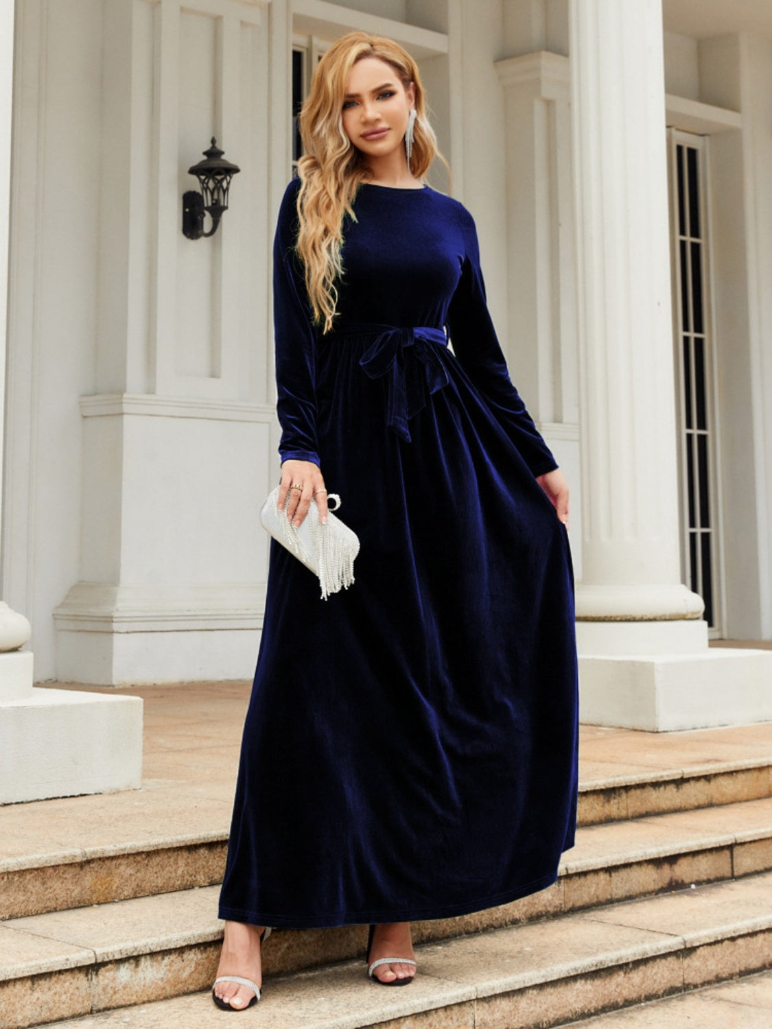 Tie Front Round Neck Long Sleeve Maxi Dress Dark Blue