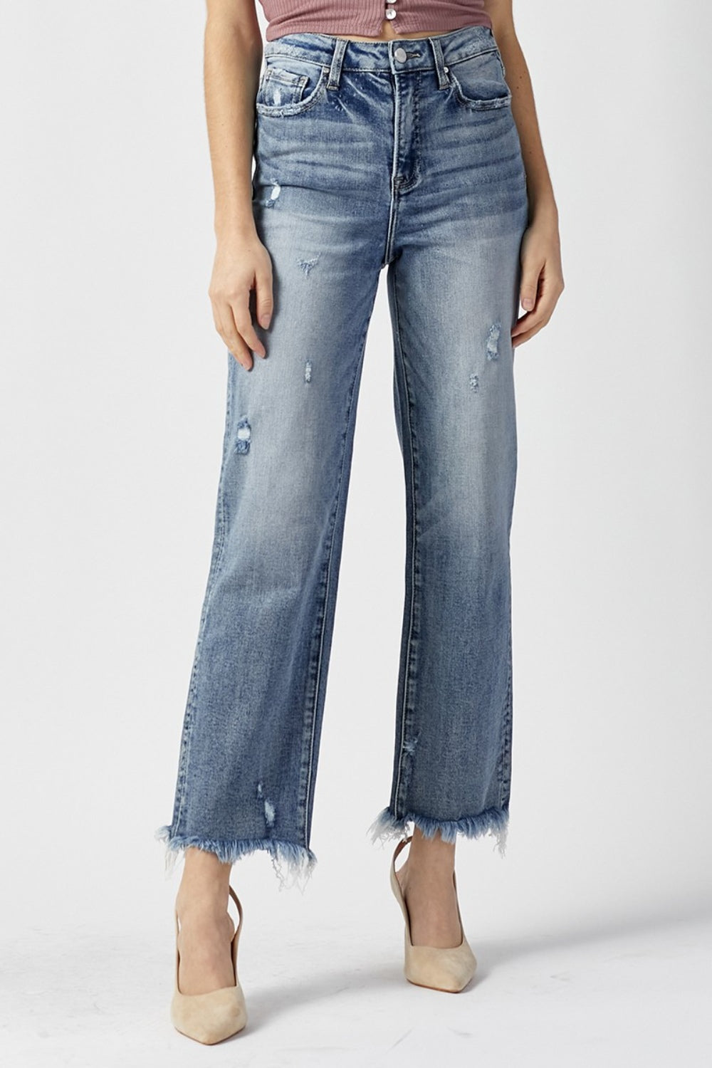 RISEN High Waist Raw Hem Straight Jeans LIGHT