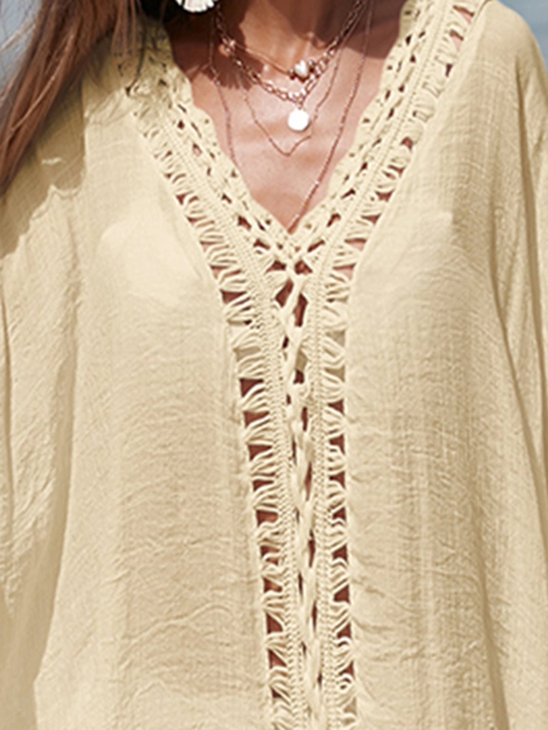 Cutout V-Neck Three-Quarter Sleeve Cover Up