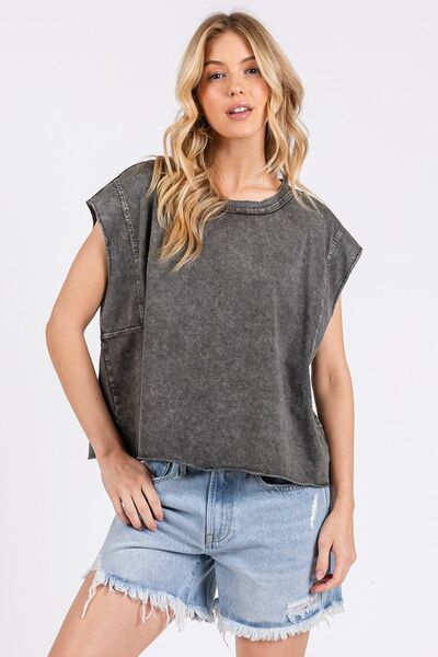 Mittoshop Round Neck Cap Sleeve T-Shirt Dark Gray