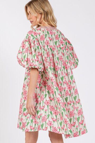 SAGE + FIG Floral Half Button Notched Puff Sleeve Dress