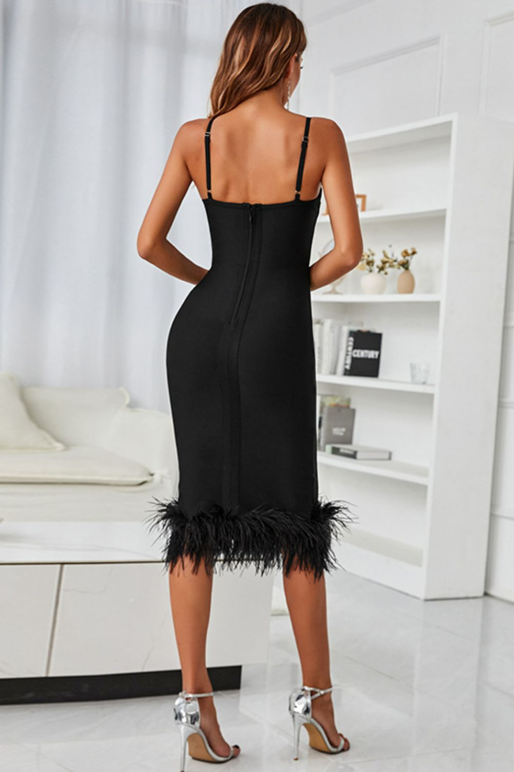 Spaghetti Strap Feather Trim Bodycon Dress back