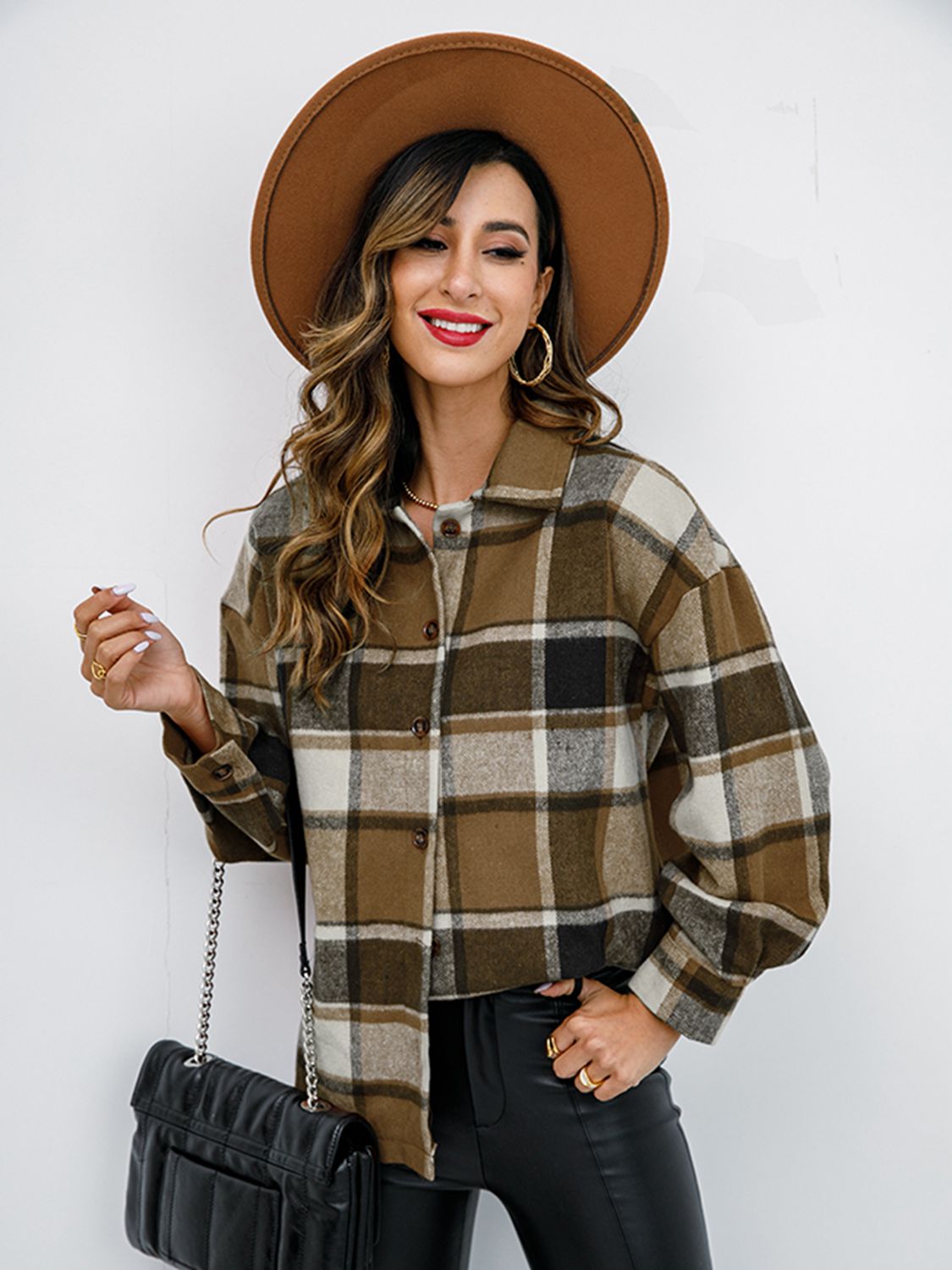 Shiny Plaid Button Up Collared Neck Jacket