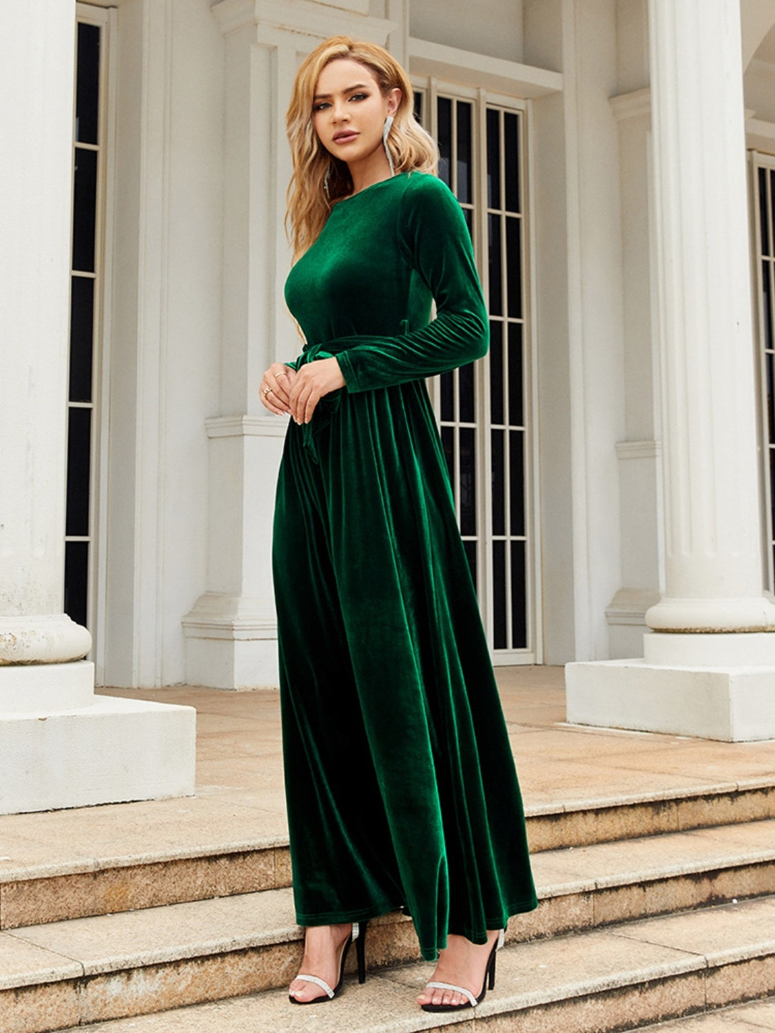 Tie Front Round Neck Long Sleeve Maxi Dress Dark Green