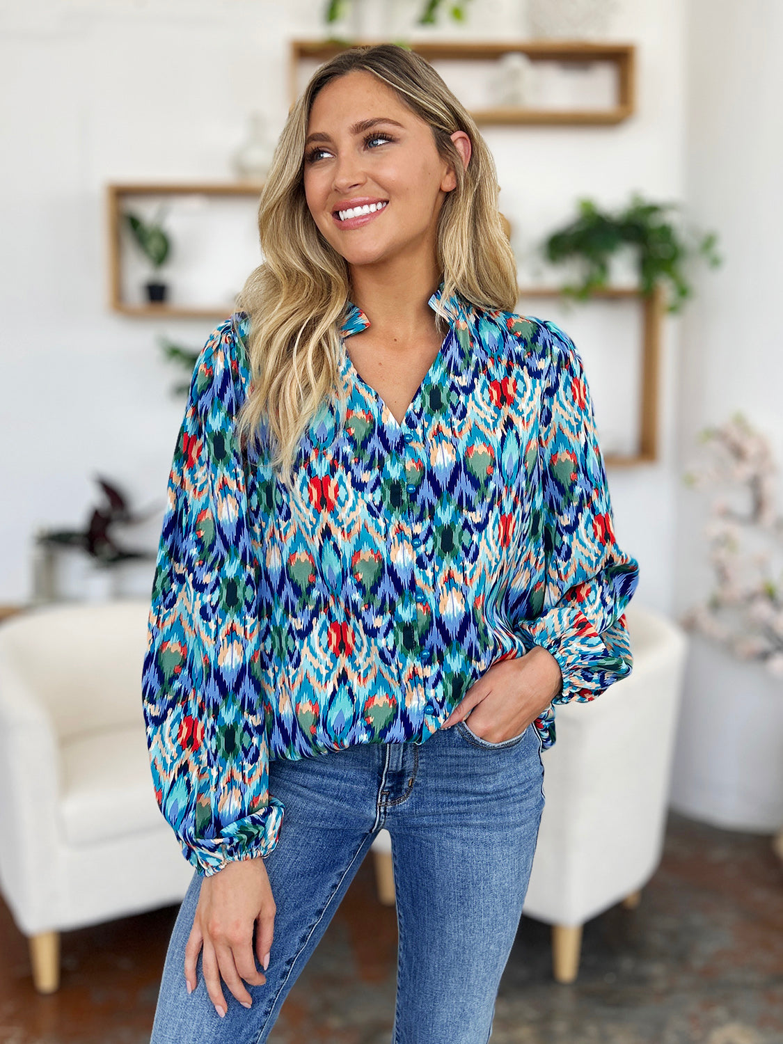 Double Take Full Size Printed Balloon Sleeve Blouse