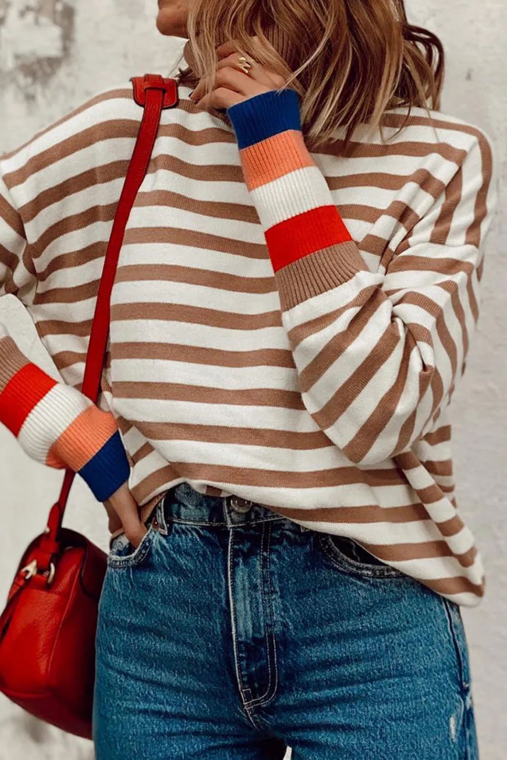 Striped Turtleneck Long Sleeve Sweater Taupe