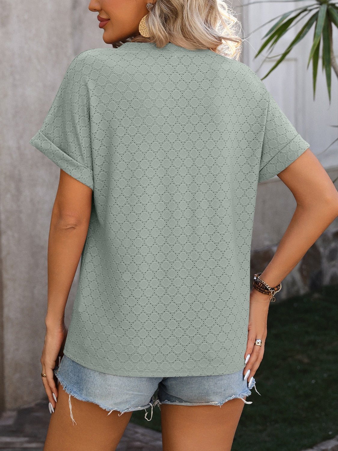 Mandy Eyelet Notched Short Sleeve T-Shirt