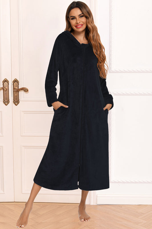 Zip Front Hooded Night Dress with Pockets