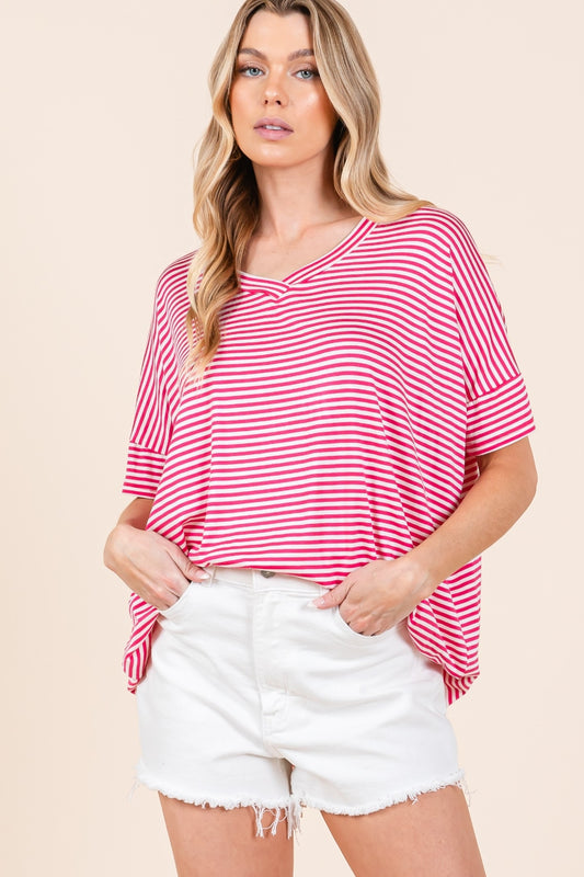 BOMBOM Striped V-Neck T-Shirt