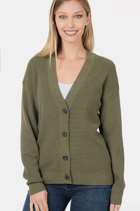 Zenana Button Up V-Neck Dropped Shoulder Cardigan