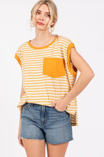 Ces Femme Side Slit Striped Cap Sleeve T-Shirt Sherbet