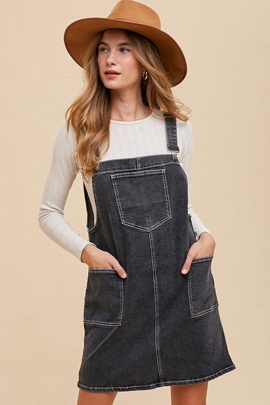 Annie Wear Wide Strap Denim Overall Dress with Pockets Black