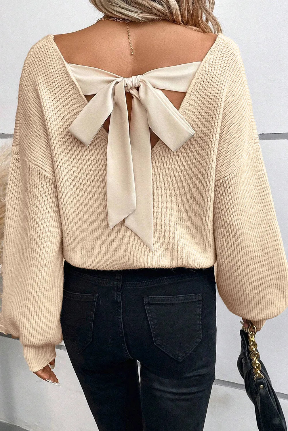 Tied V-Neck Long Sleeve Sweater Tan