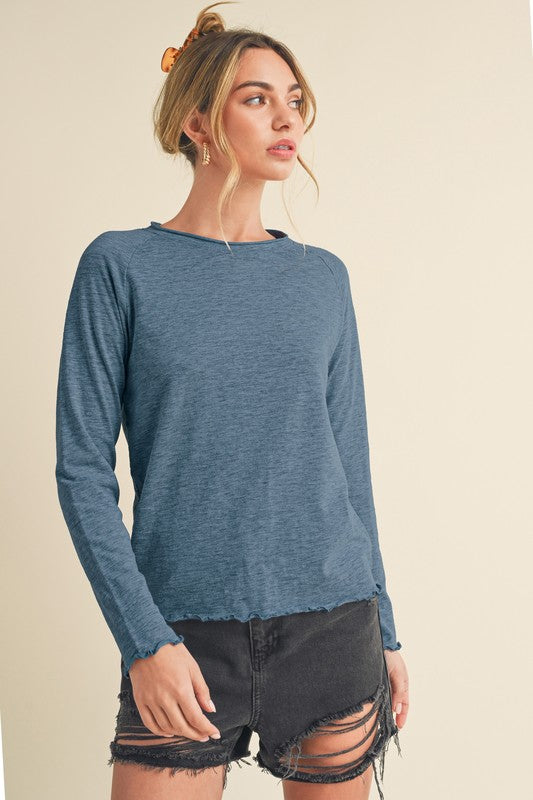 Aemi + Co Lettuce Hemline Round Neck Raglan Sleeve T-Shirt