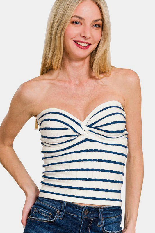 Zenana Twisted Sweetheart Neck Striped Tube Top Peacock Blue