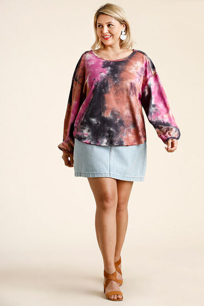 Umgee Full Size Tie Dye Round Neck Long Balloon Sleeve Top Plus Size