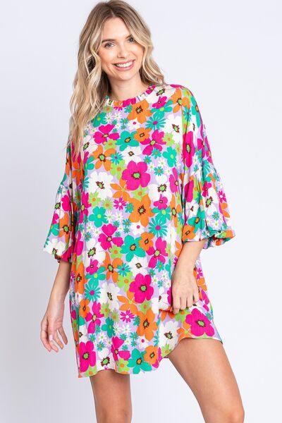 GeeGee Full Size Floral Round Neck Lantern Sleeve Mini Dress Multi