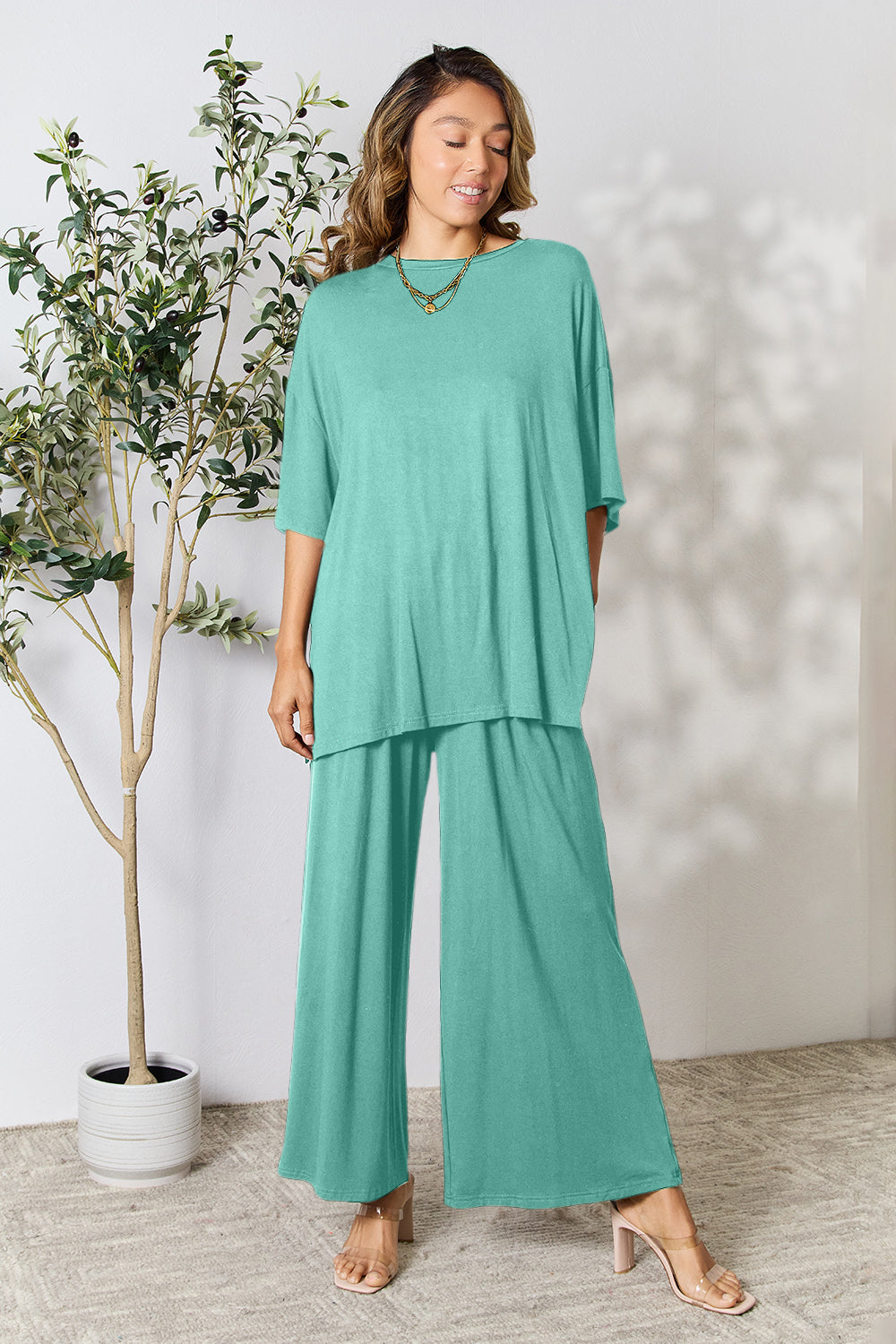 Double Take Full Size Round Neck Slit Top and Pants Set Teal