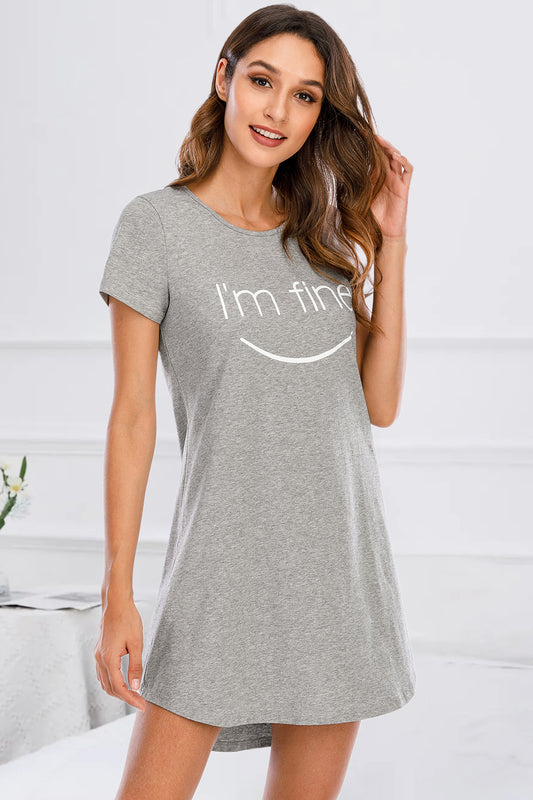 Graphic Round Neck Short Sleeve Lounge Dress Gray