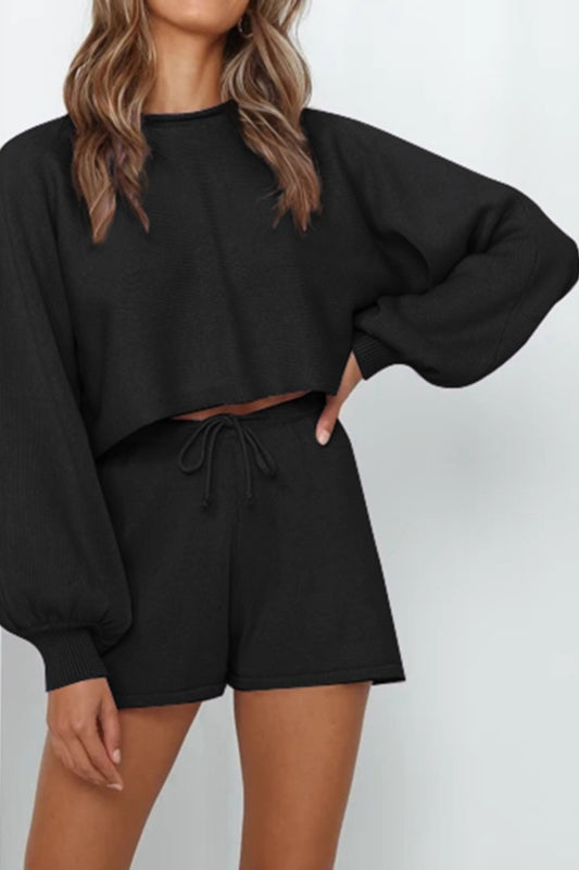 Round Neck Long Sleeve Top and Drawstring Shorts Lounge Set