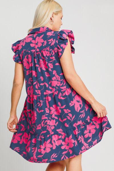 Umgee Full Size Floral Print Ruffle Cap Sleeve Tiered Dress Plus Size