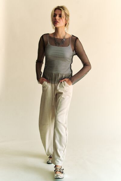 Davi & Dani Sparkling Rhinestone Sheer Mesh Round Neck Top