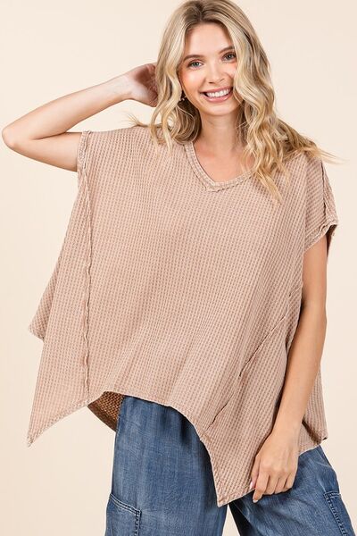 Mittoshop Mineral Wash Waffle Knit Pointed Hem Oversized Top Tan