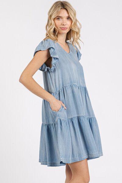 Mittoshop V-Neck Ruffled Cap Sleeve Mini Dress