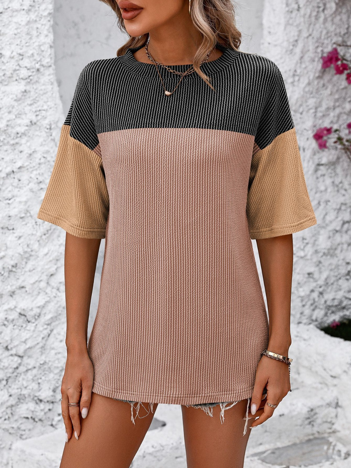 Mandy Color Block Round Neck Half Sleeve T-Shirt