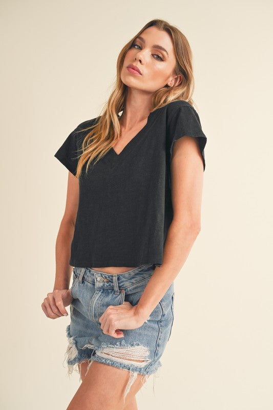 Aemi + Co Side Slit V-Neck Short Sleeve Cropped T-Shirt