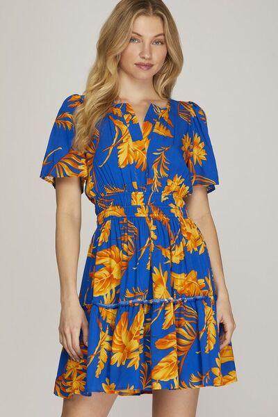 She + Sky Full Size Printed Notched Short Sleeve Frill Tiered Dress Plus Size Royal Blue