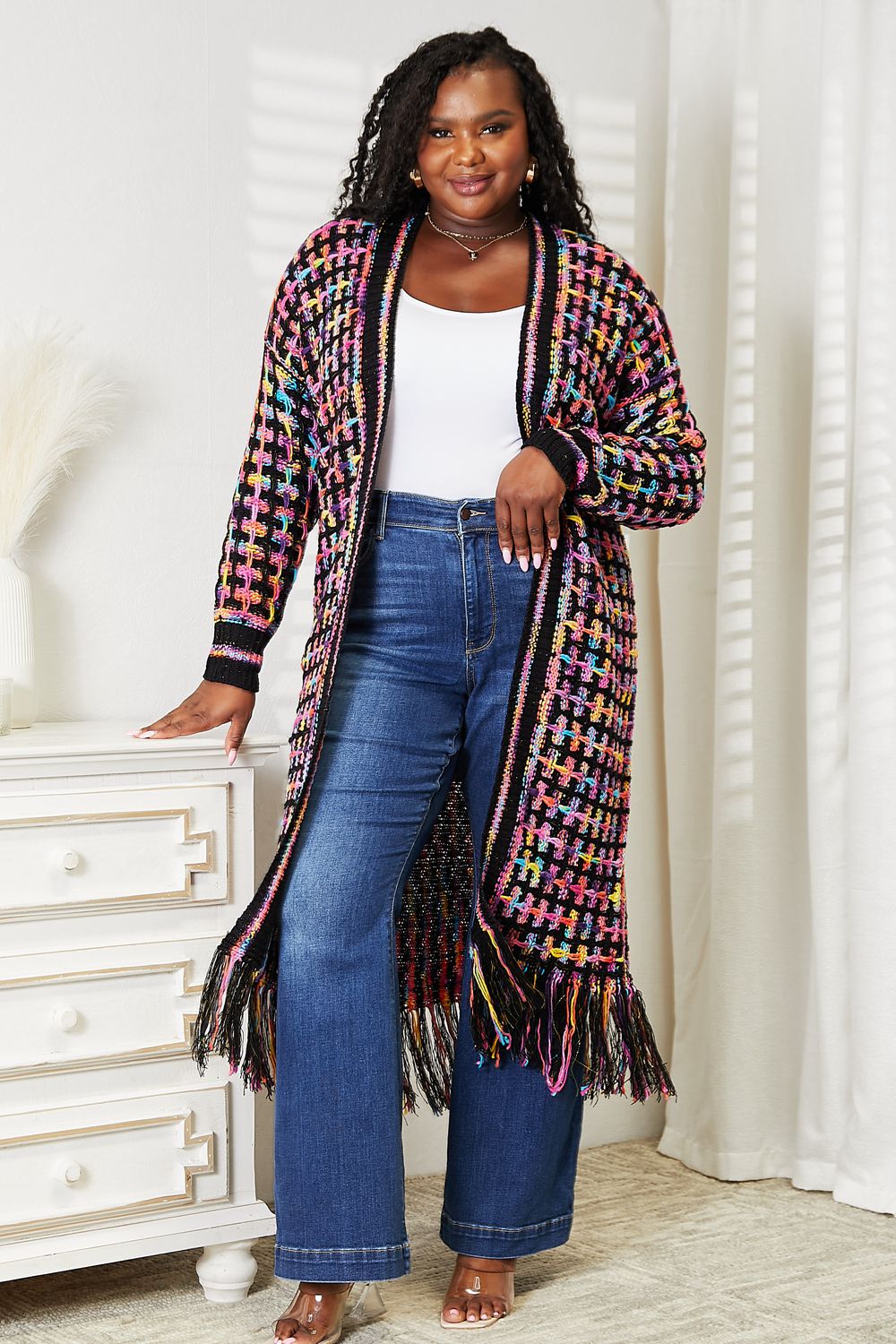 Full Size Multicolored Open Front Fringe Hem Cardigan