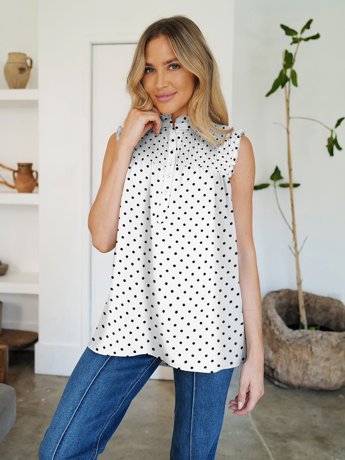 Frill Printed Mock Neck sleeveles blouse in Polka Dot, Striped, and Floral