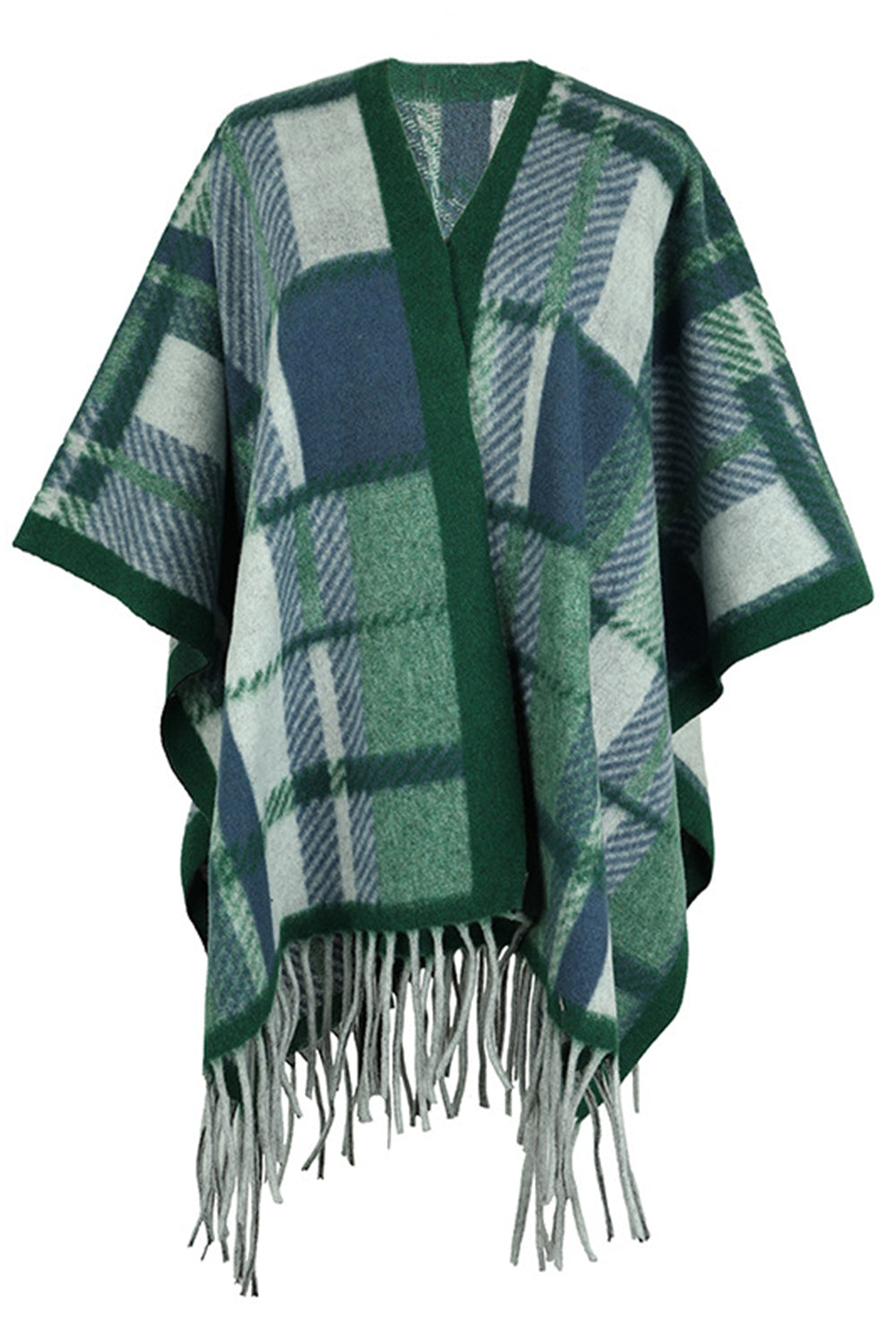 Cloak Sleeve Fringe Detail Poncho Green One Size