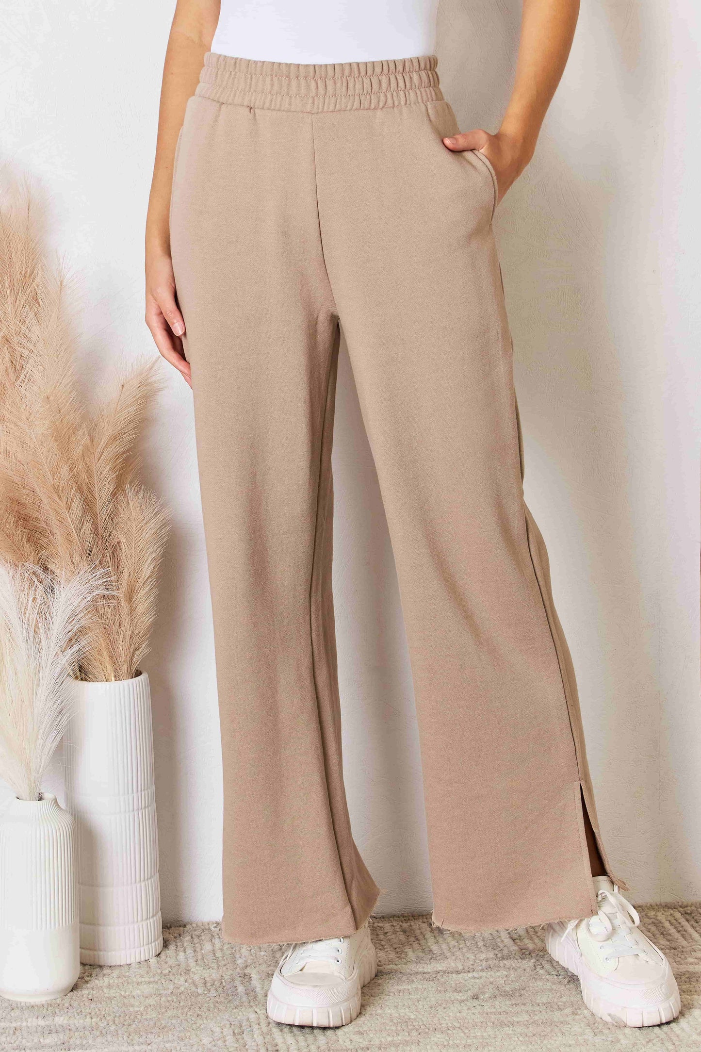 RISEN Wide Waistband Slit Wide Leg Pants Tan