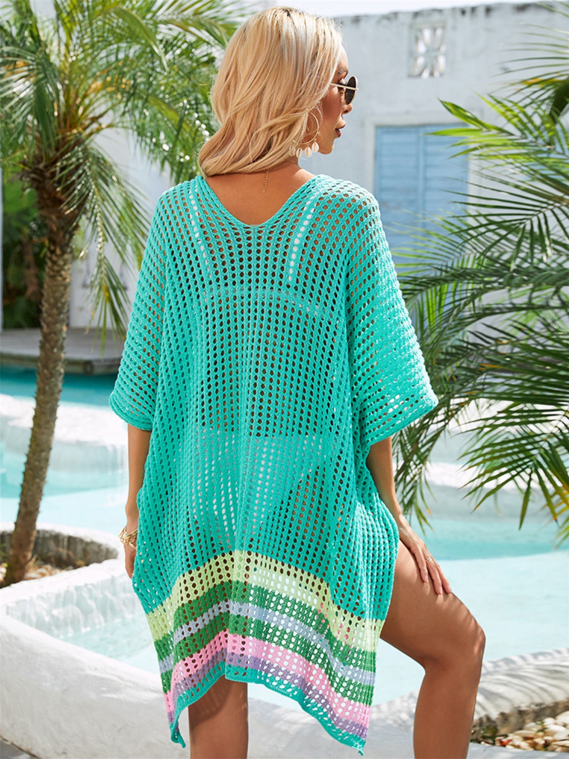 Slit Openwork V-Neck Half Sleeve Cover Up