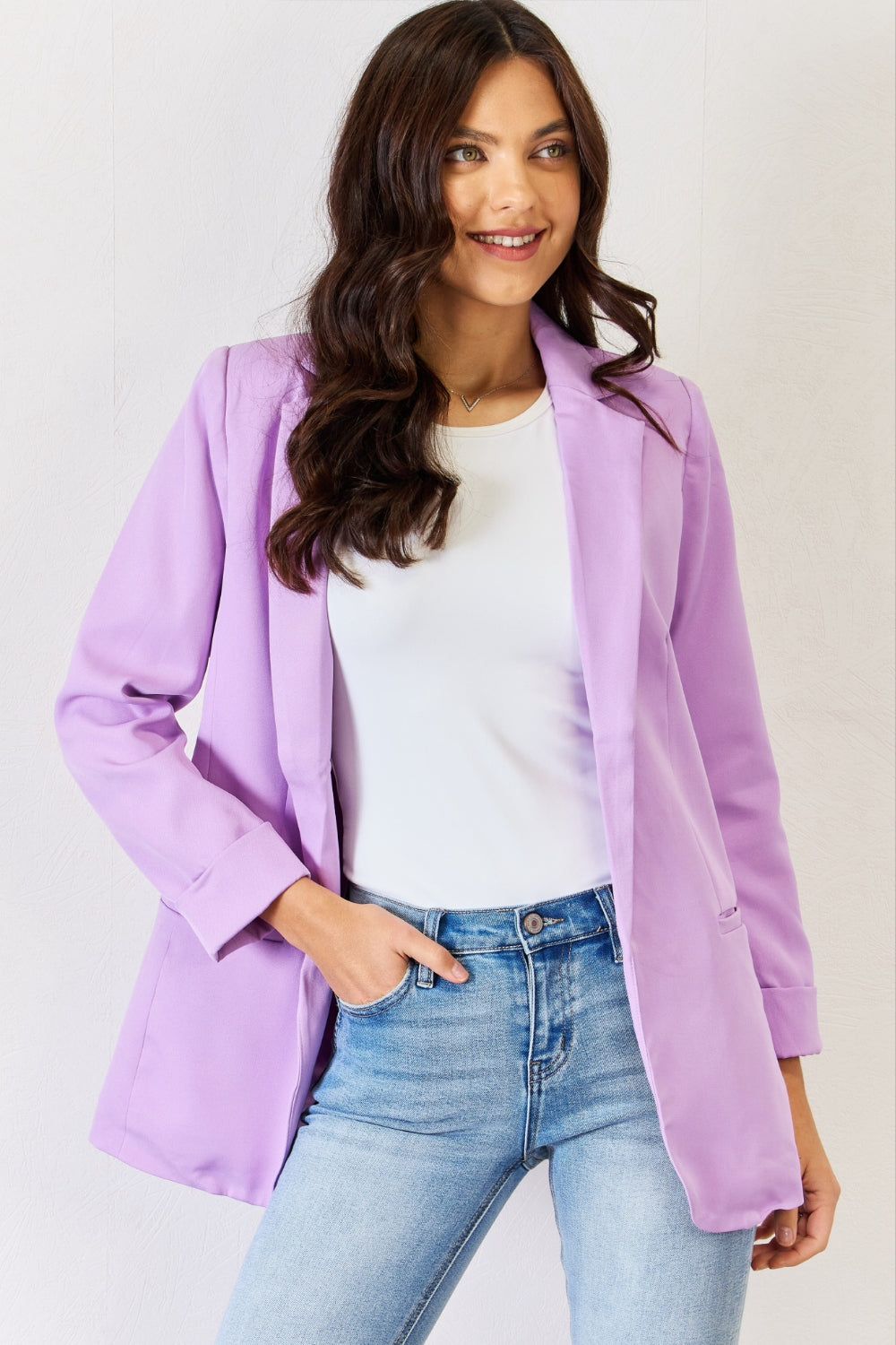 Zenana Open Front Long Sleeve Blazer B Lavender