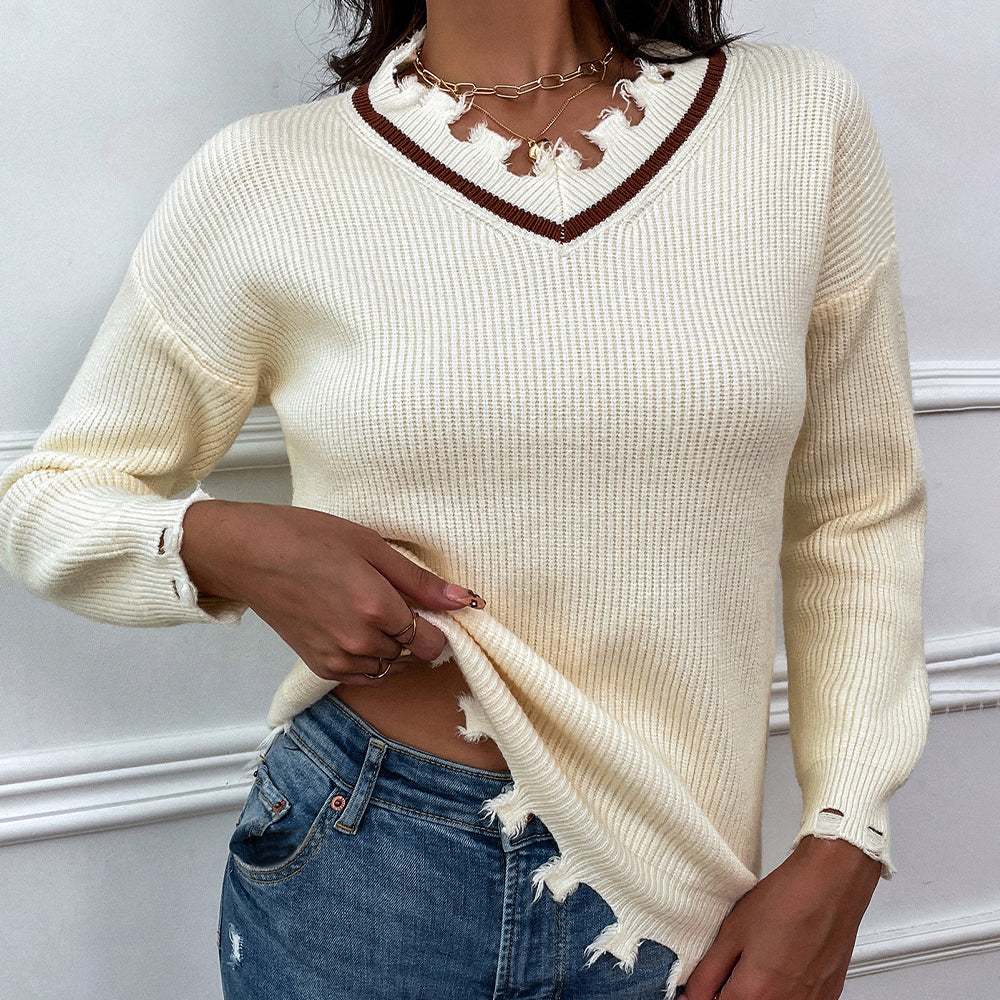 Shiny Frayed Detail V-Neck Sweater