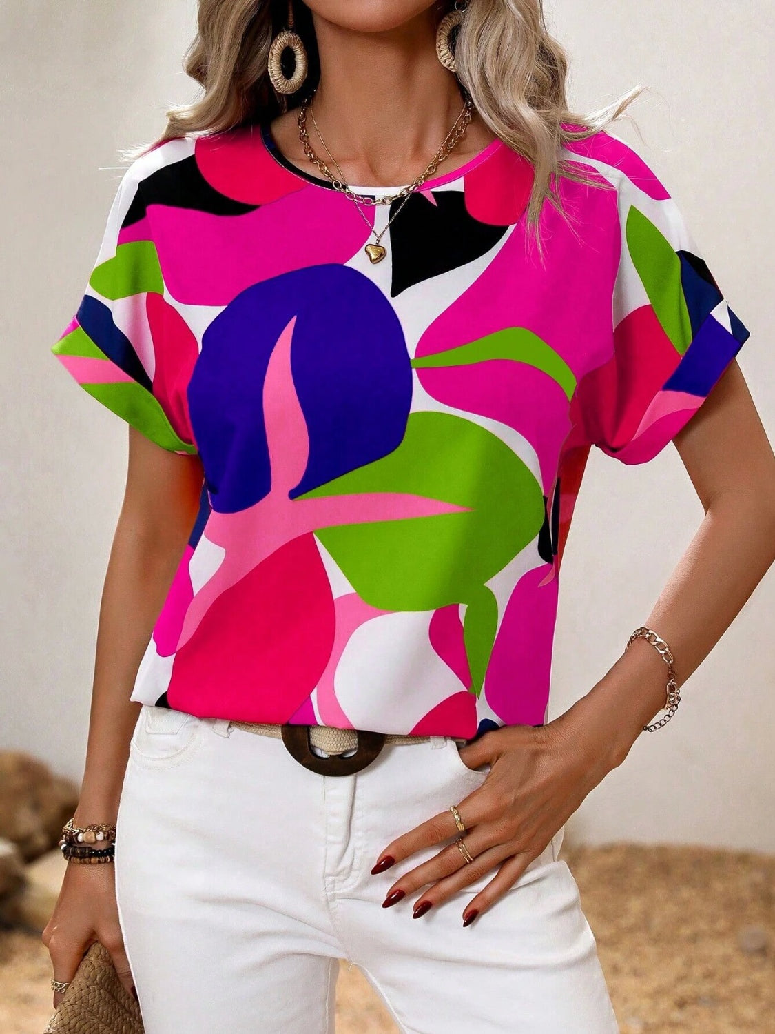 Contrast Round Neck Short Sleeve Blouse Hot Pink