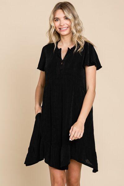 Culture Code Full Size Short Sleeve Ruffled Asymmetric Hem Dress Black