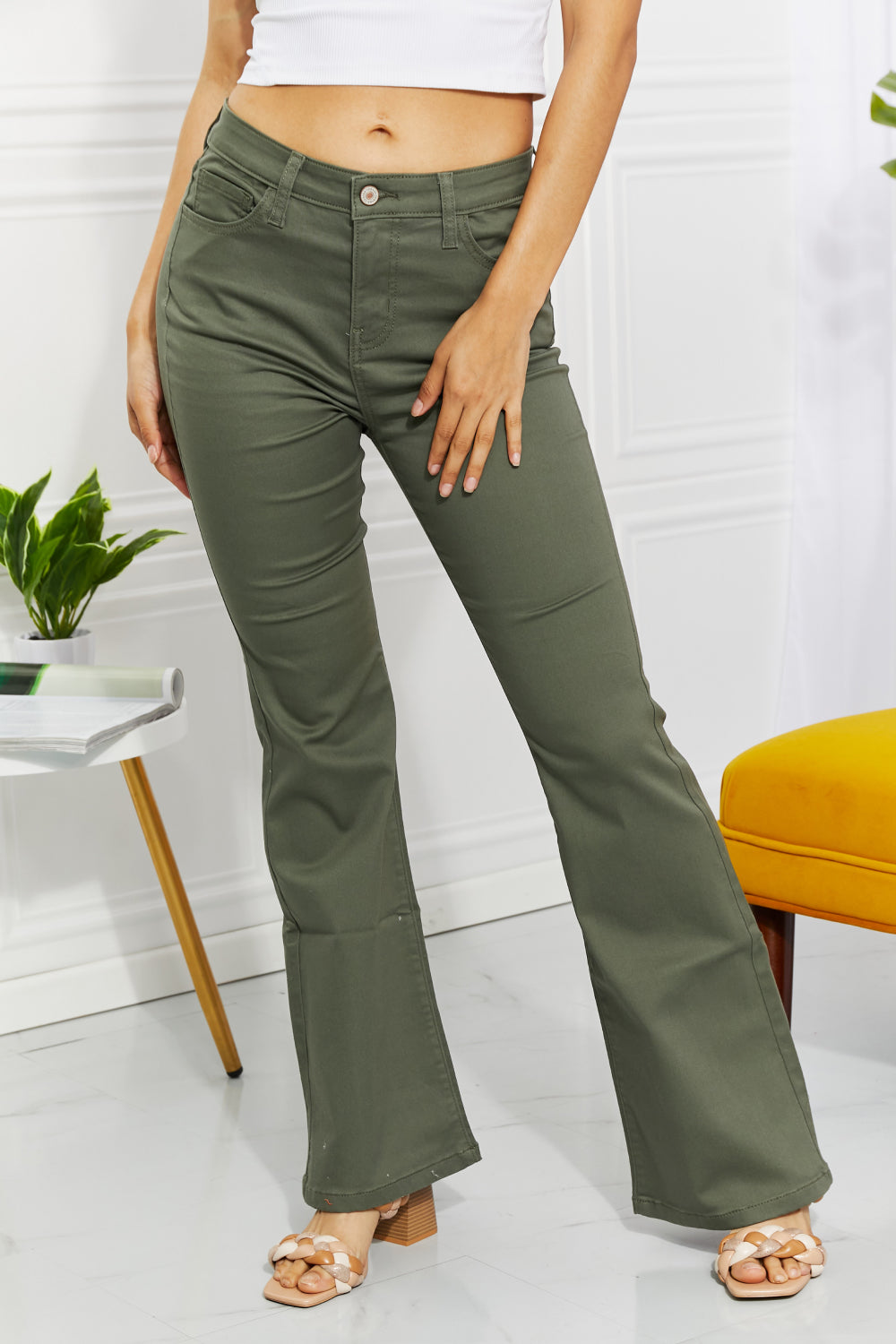 Zenana Clementine Full Size High-Rise Bootcut Jeans in Olive Matcha Green