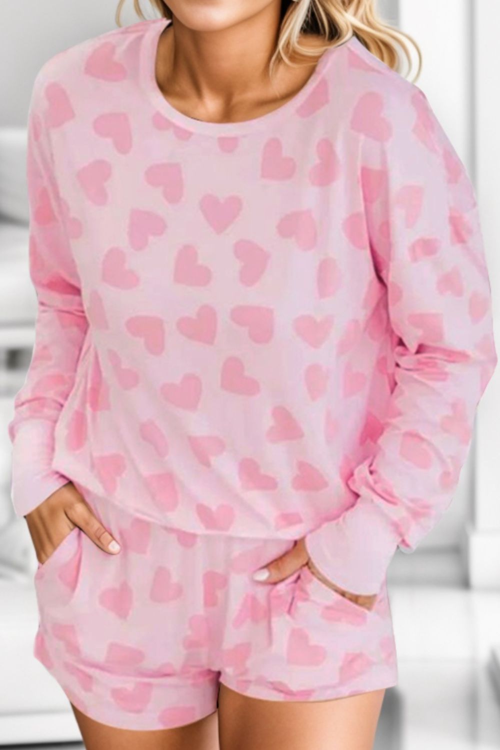 Heart Print Round Neck Top and Shorts Lounge Set Blush Pink