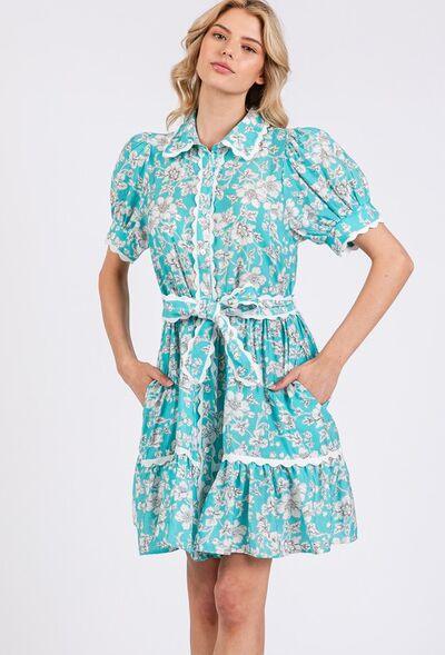 SAGE+FIG Vintage Floral Scalloped Mini Shirt Dress