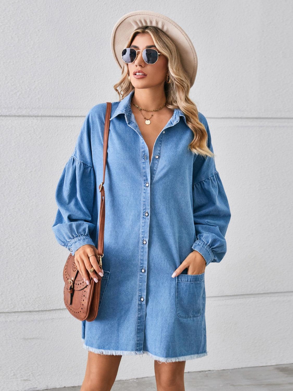 Button Up Pocketed Raw Hem Denim Dress Sky Blue